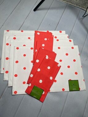 Kate Spade Placemat Napkins Set Polka Dots Coral Orange White Dining New Set
